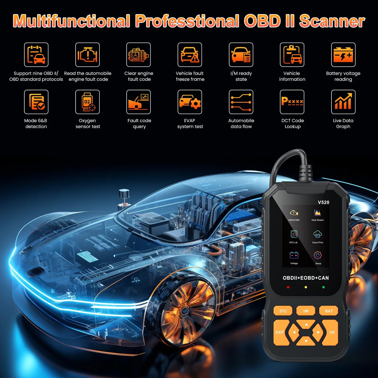 V520 OBD2 Scanner Professional Auto Tool for All Vehicles Live Data ,Universal Check Engine Car Code Reader /Erase Fault Code,35,901 Dtcs,Cloud Data Print,Voltage Test
