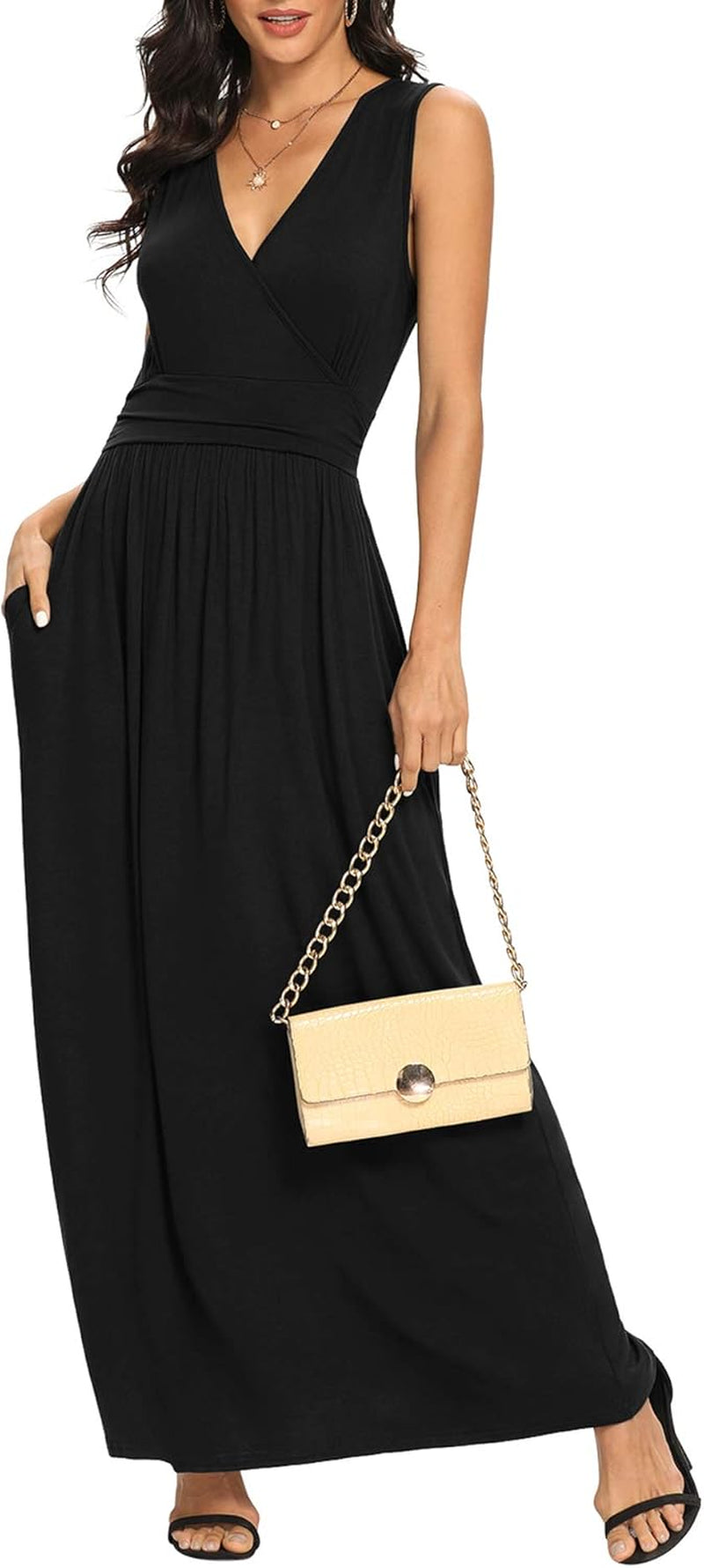 Women Sleeveless Deep V Neck Loose Plain Long Maxi Casual Dress
