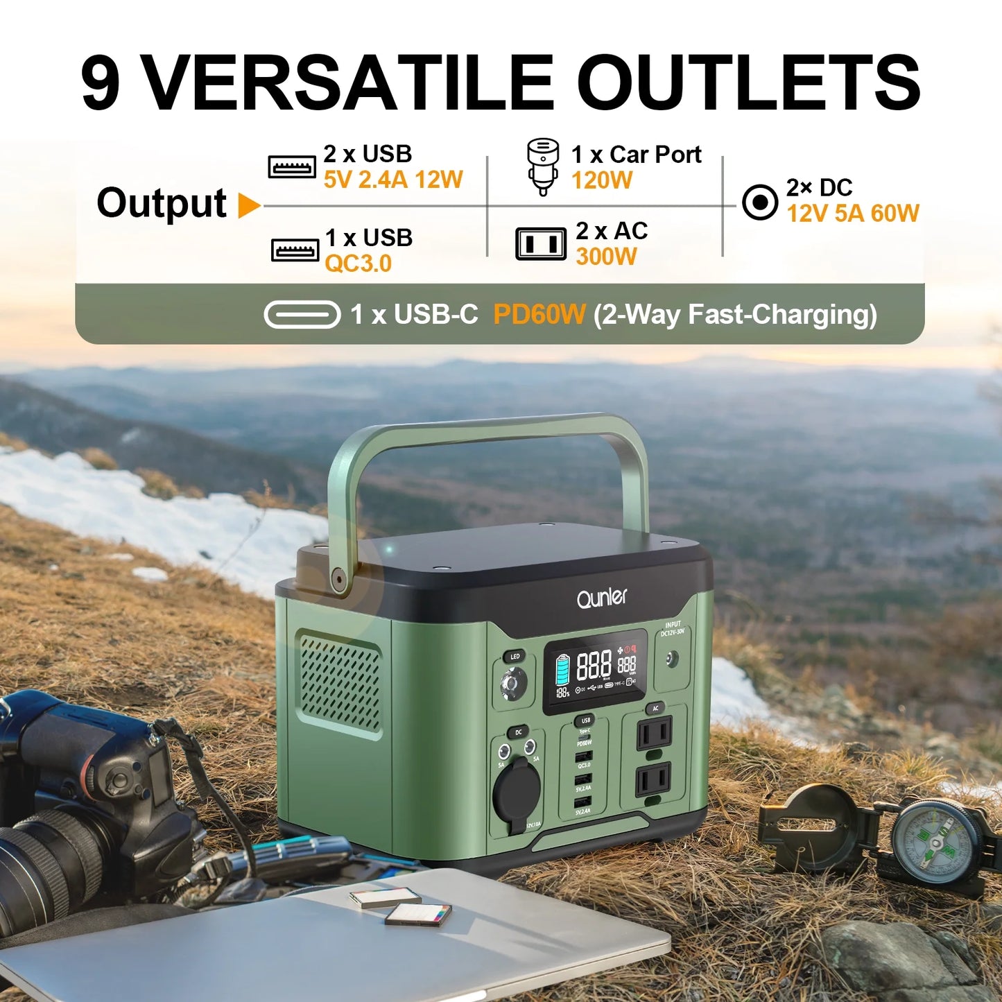 300W Portable Power Station 296Wh 80000Mah with 60W PD Input/Output Fast Charging, AC DC Outlets Outdoor Solar Generator for Camping, RV, Home Backup, Emergency Power, Green (No Solar Panel)