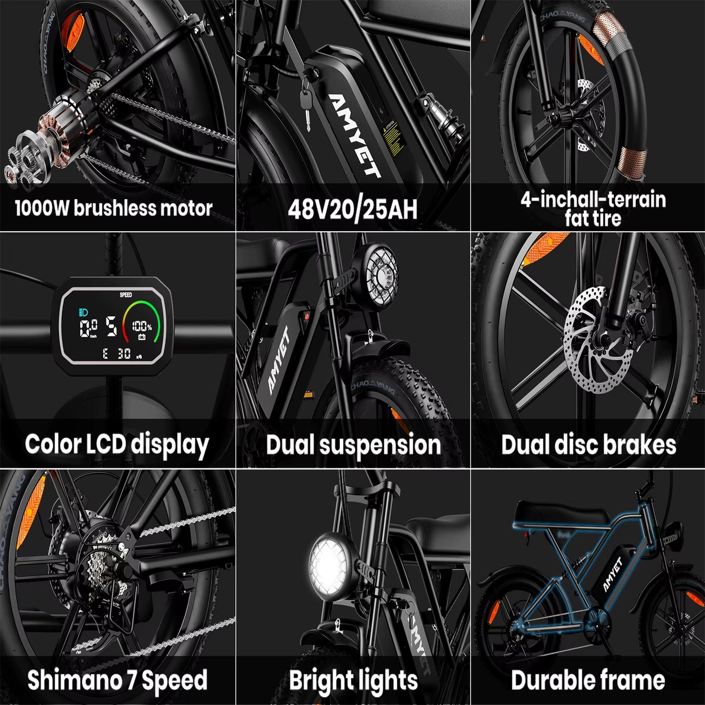 V9-G60 Adults Electric Bike 1000W Motor Bicycle 48V 20AH 20 Inch Tire Ebike Electric E Bikes Mountain Moped Ebikes for Men