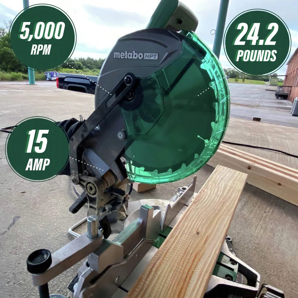 Compound Miter Saw, 10" Miter Saw with Large Table Saw for Woodworking, Power Saw with 15-Amp Motor, Accurate Miter Angles, 0-45 Bevel, 24T TCT Miter Saw Blade, Positive Stops, C10FCGS