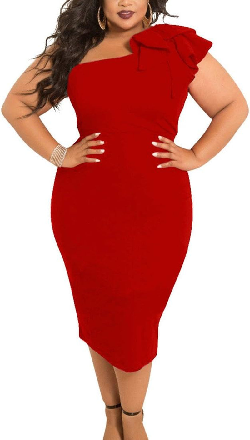 Women'S Sexy Ruffle One Shoulder Bodycon Elegant Cocktail Party Midi Dresses