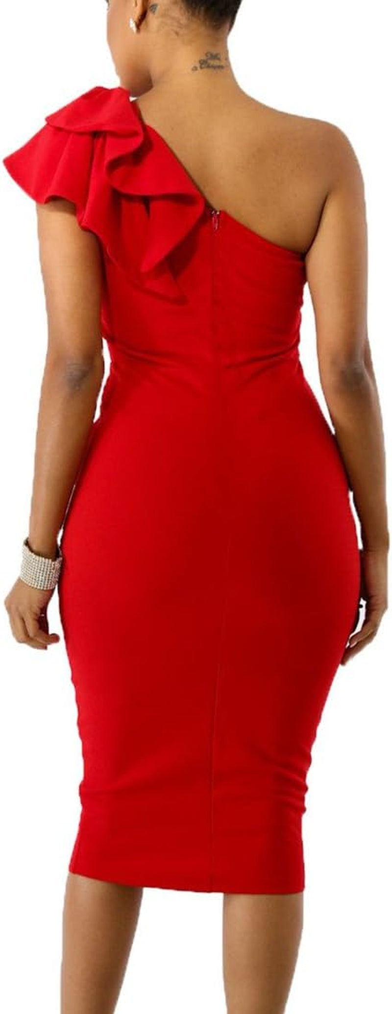 Women'S Sexy Ruffle One Shoulder Bodycon Elegant Cocktail Party Midi Dresses