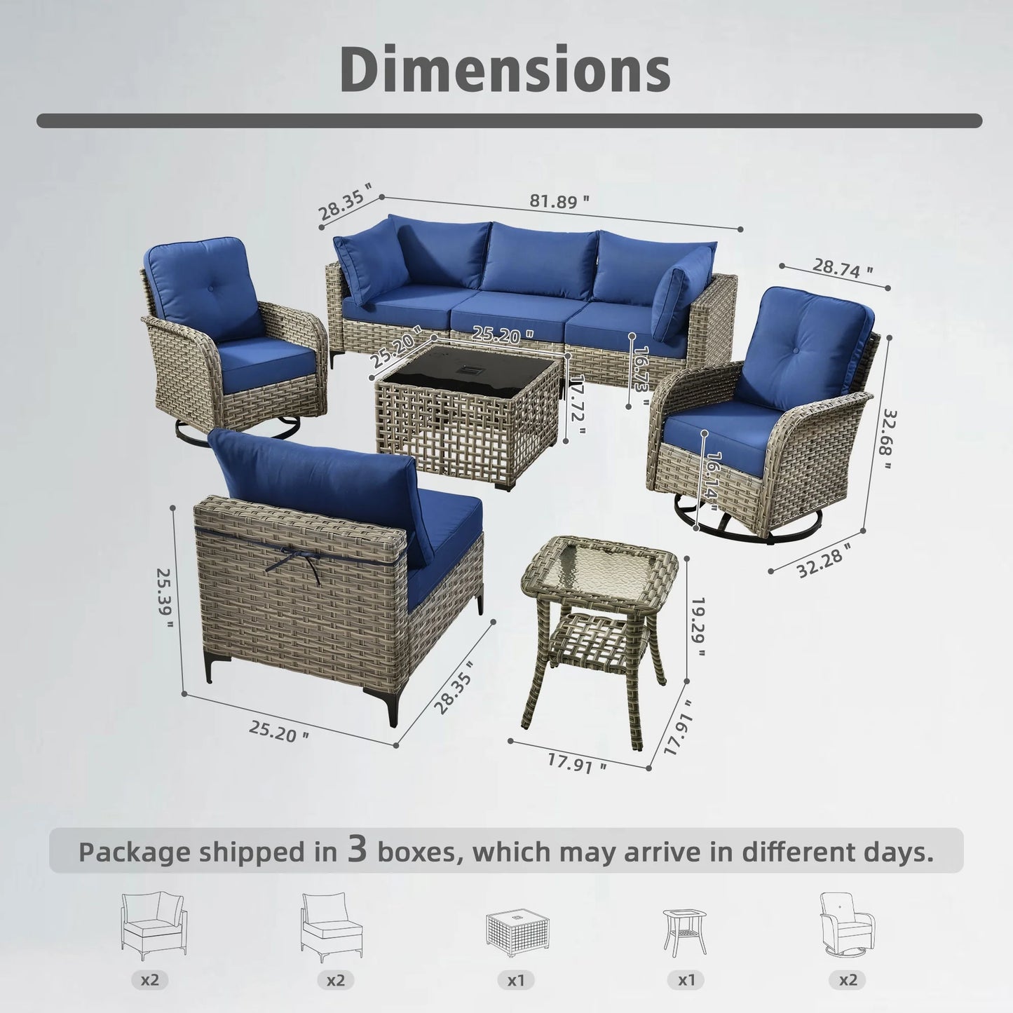 8 Pieces Patio Furniture Outdoor Conversation Set Rattan Wicker outside Sectional Sofa with Swivel Chairs & Solar Light Table, Navy Blue