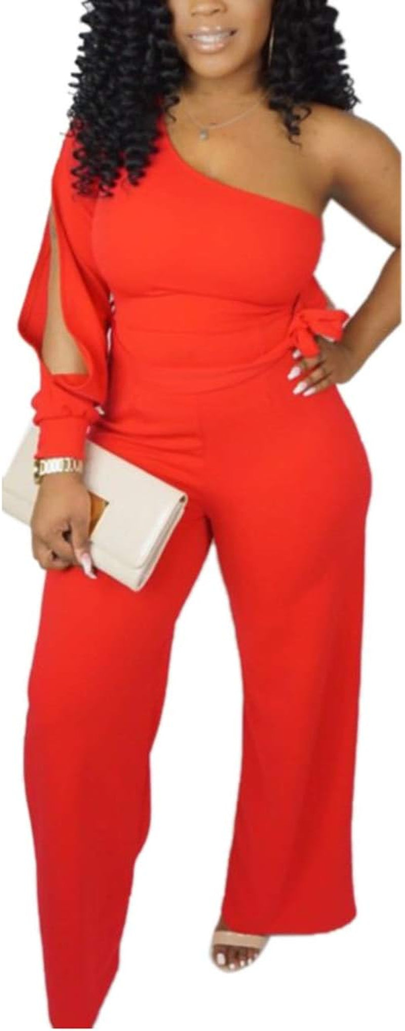 Women'S Sexy One Shoulder Slit Sleeve High Waist One Piece Pant Outfit Wide Leg Jumpsuit Romper