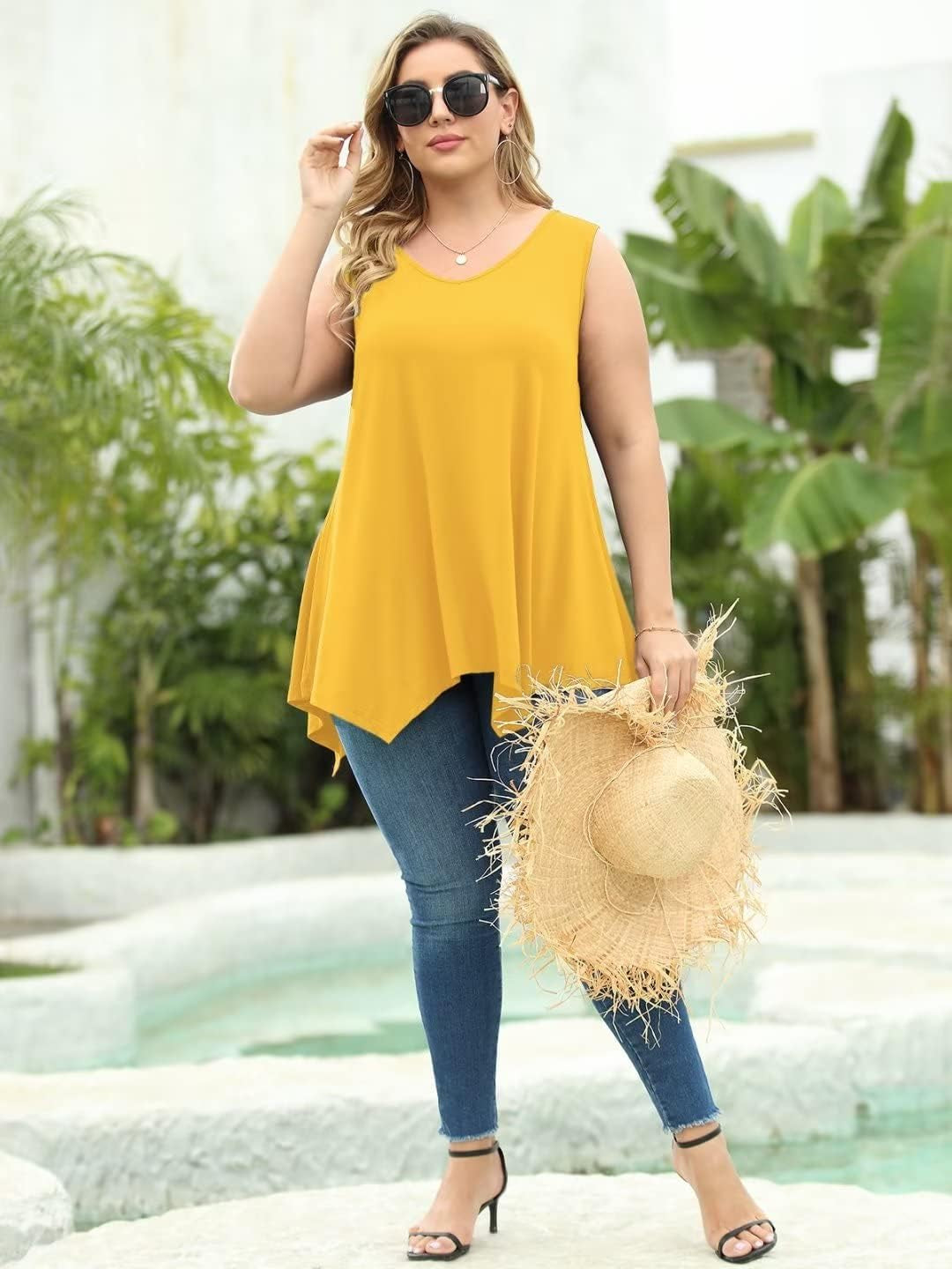 plus Size Tank Tops for Women V Neck T Shirts Summer Sleeveless Tunic Tops Loose Fit Flowy Blouse