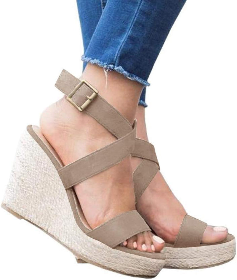 Women'S Wedge Sandals Cross Strap Espadrille Platform Ankle Buckle Summer Casual Shoes