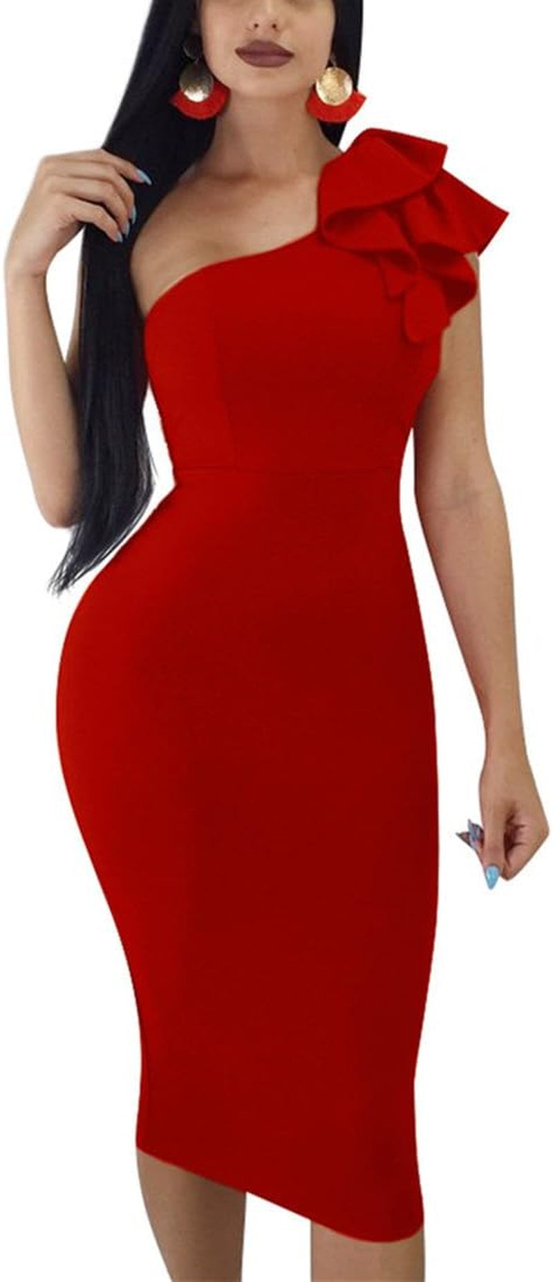 Women'S Sexy Ruffle One Shoulder Bodycon Elegant Cocktail Party Midi Dresses