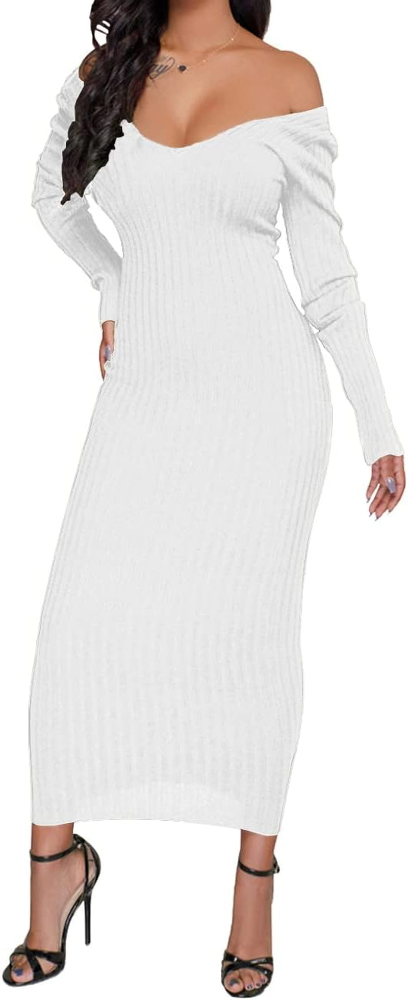 Women'S off Shoulder Long Sleeves Bodycon Sweater Dress Sexy Knit Slim Cardigans
