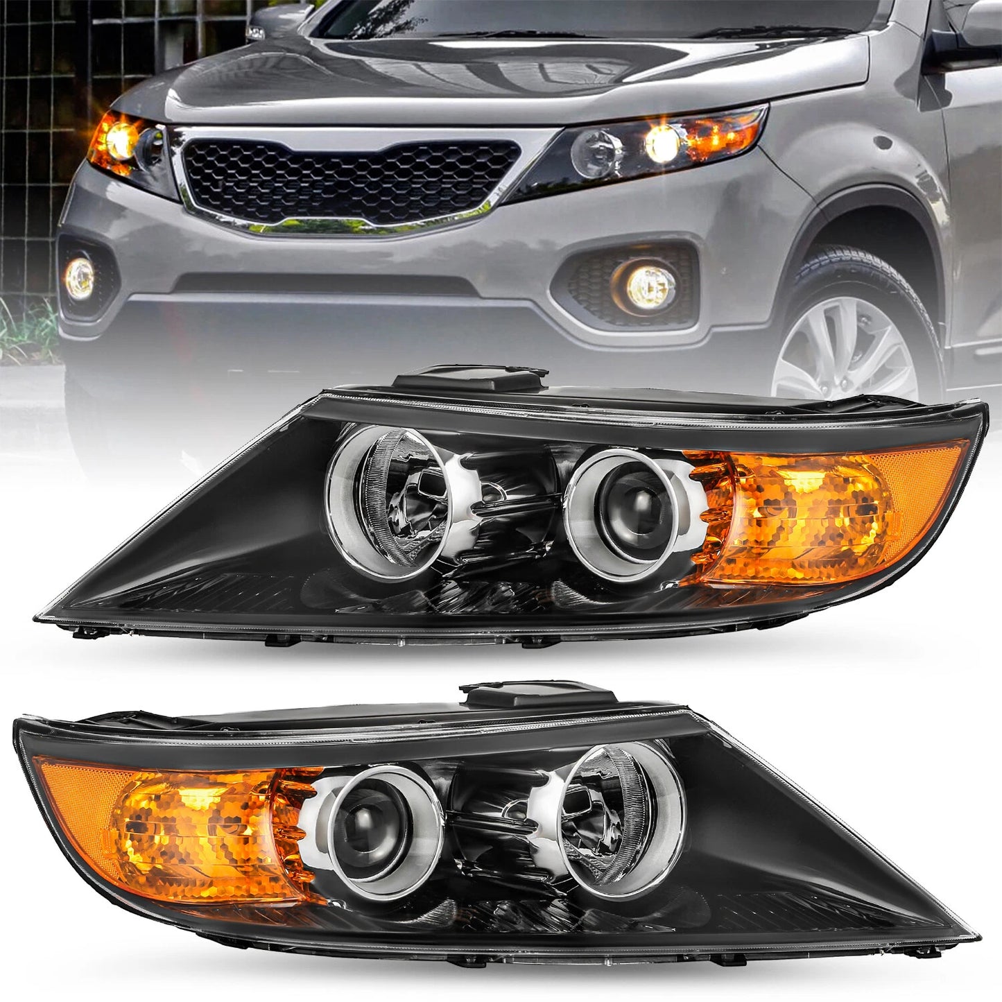 For 2011 2012 2013 Kia Sorento Halogen Black Amber L+R Pairs Headlight
