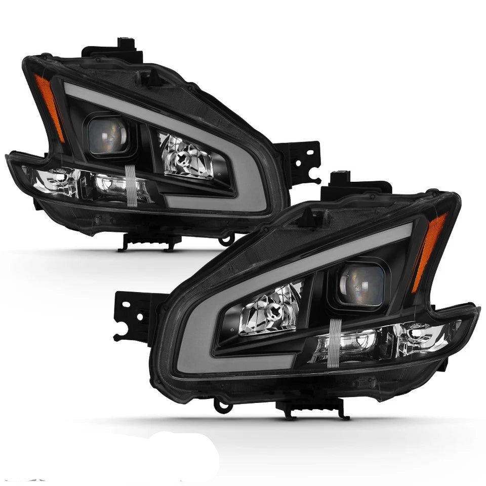 Black For 2009-2014 Maxima Square Projector Headlights w/DRL LED Light Tube sets