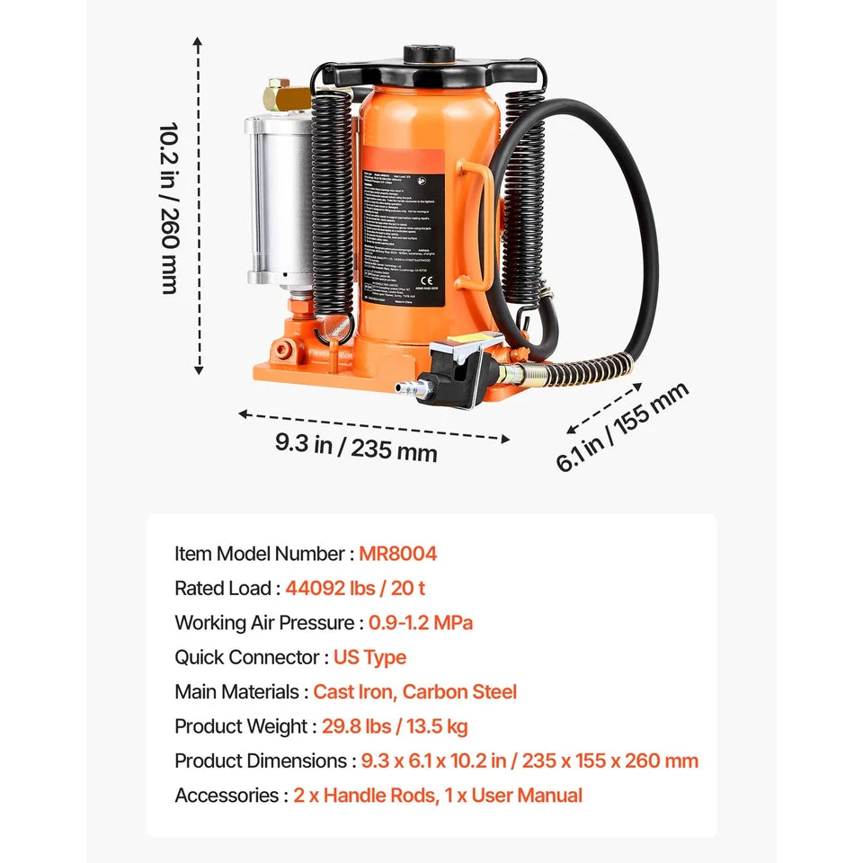 Air Hydraulic Bottle Jack 20 Ton (44092 lb) for Vehicle Maintenance