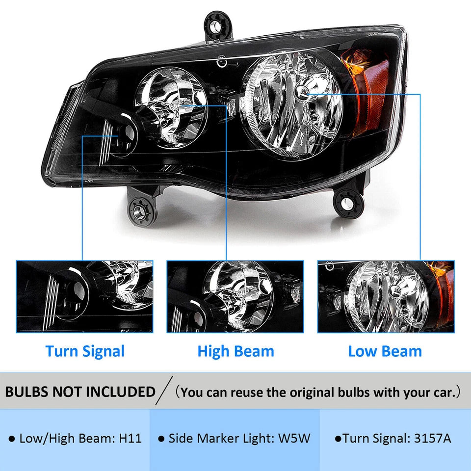2Pcs Headlight For 2008-2016 Chrysler Town&Country 2011-2020 Dodge Grand Caravan