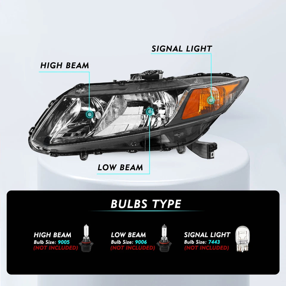 For 2012-2015 Honda Civic Sedan 12-13 Coupe Black Amber Headlights Assembly