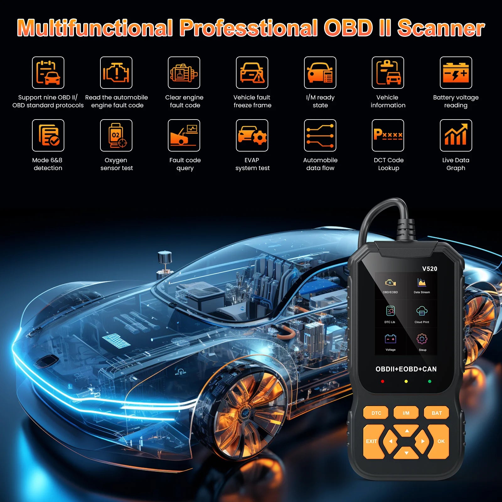 V520 OBD2 Scanner Professional Auto Tool for All Vehicles Live Data ,Universal Check Engine Car Code Reader /Erase Fault Code,35,901 Dtcs,Cloud Data Print,Voltage Test