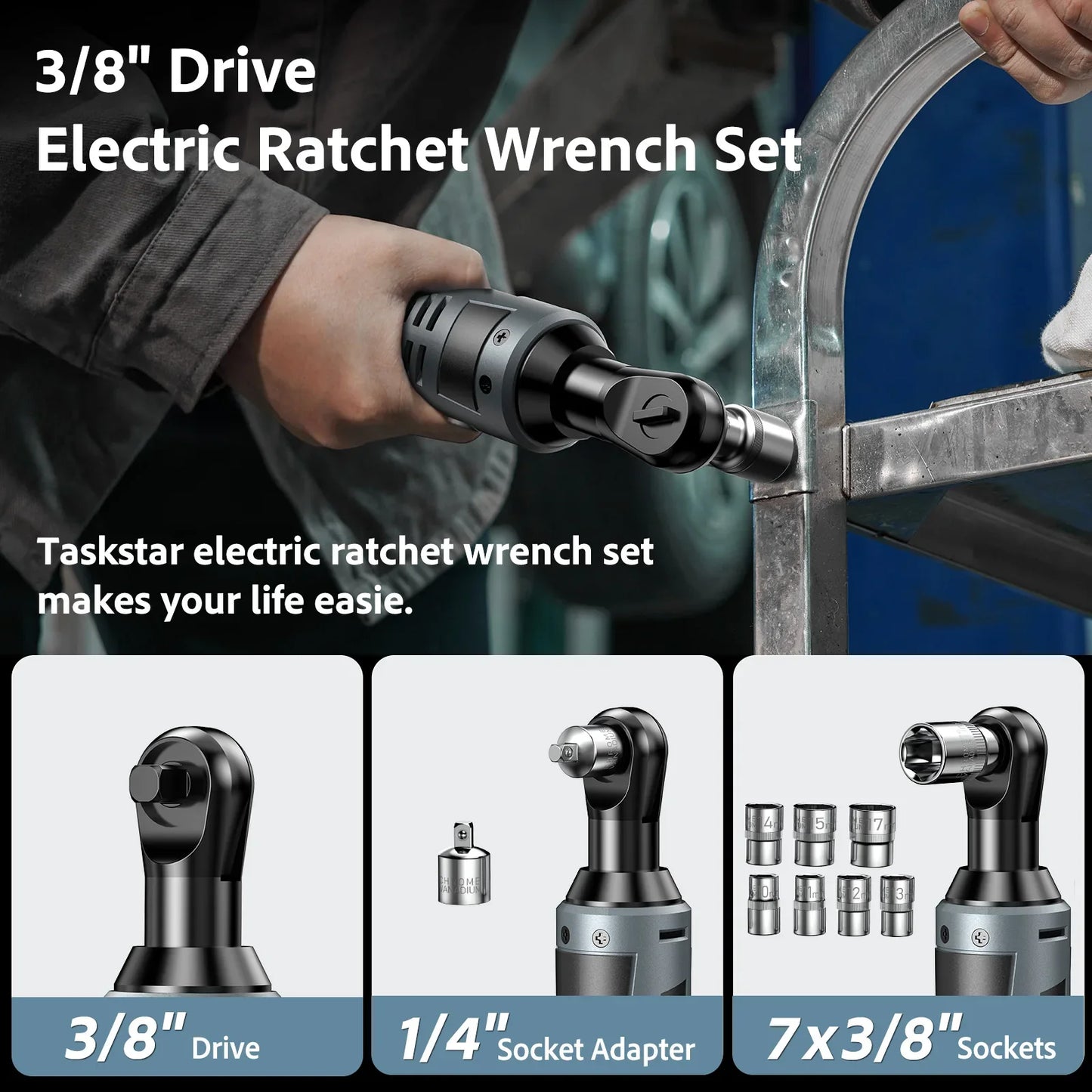 Taskstar Cordless Ratchet Wrench Kit 3/8-Inch Ratchet 40N.M(Max) Electric Power Angle Wrench with Variable Speed Trigger 0-200 RPM, Handheld Car Disassembly Tool with 2 Packs 2000Mah Lithium-Ion Battery&1 Charger&7 Sockets