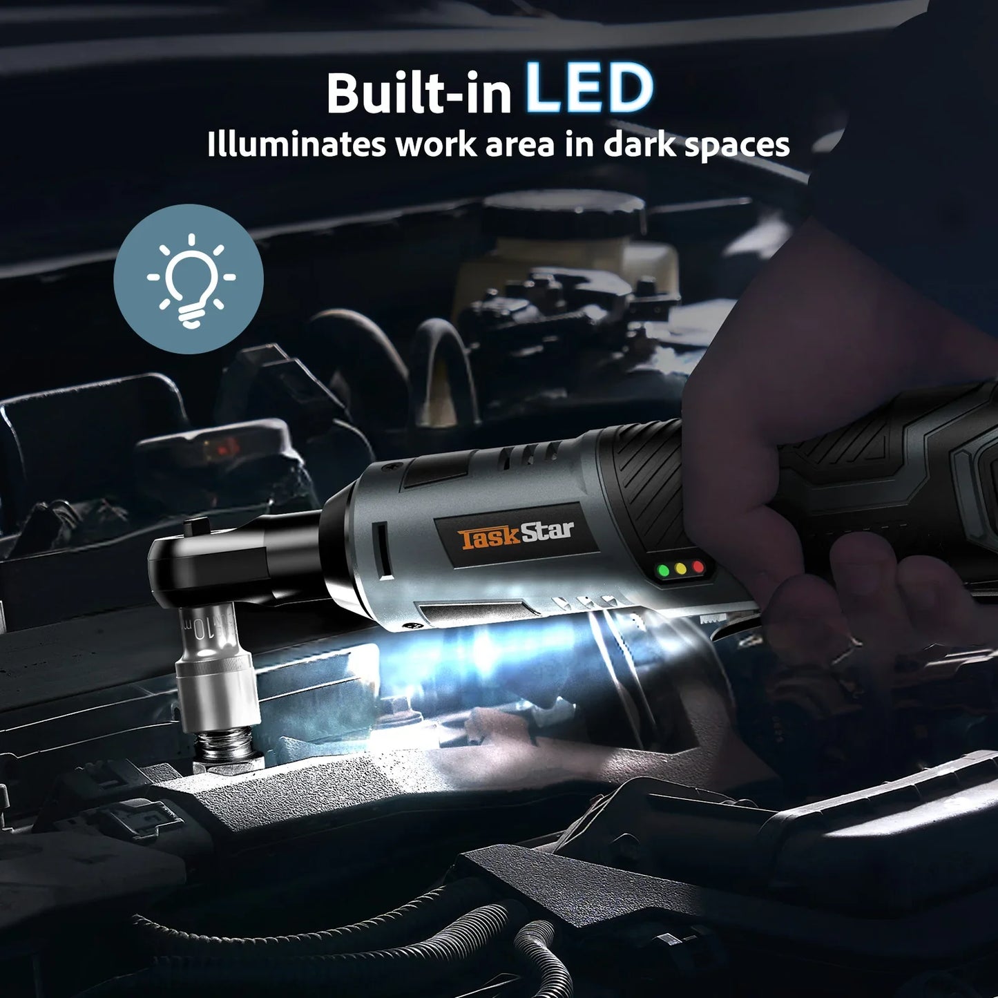 Taskstar Cordless Ratchet Wrench Kit 3/8-Inch Ratchet 40N.M(Max) Electric Power Angle Wrench with Variable Speed Trigger 0-200 RPM, Handheld Car Disassembly Tool with 2 Packs 2000Mah Lithium-Ion Battery&1 Charger&7 Sockets