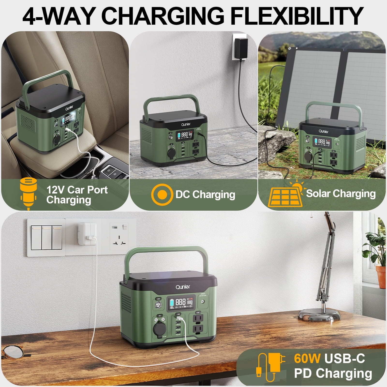 300W Portable Power Station 296Wh 80000Mah with 60W PD Input/Output Fast Charging, AC DC Outlets Outdoor Solar Generator for Camping, RV, Home Backup, Emergency Power, Green (No Solar Panel)