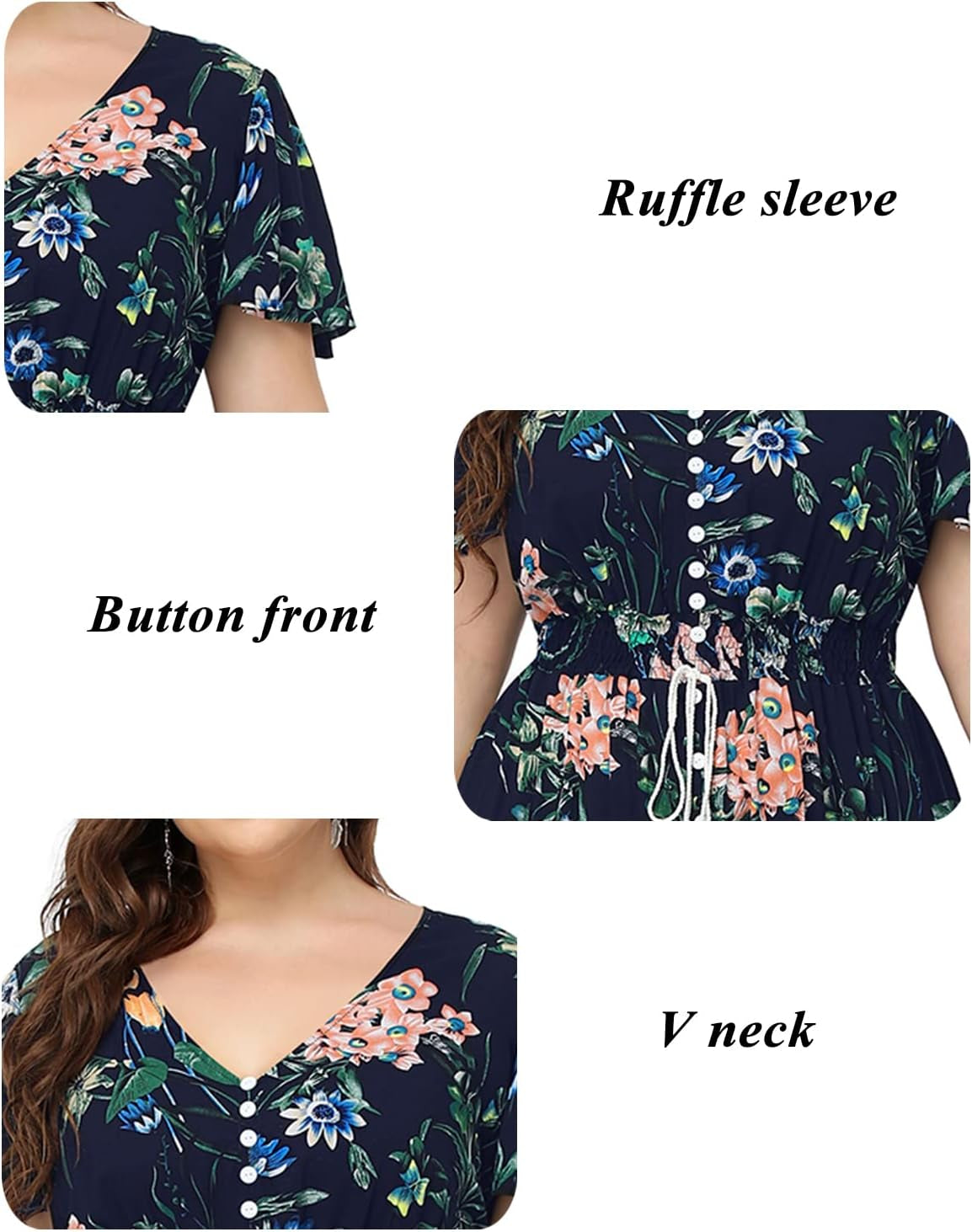 Women'S plus Size Floral Print Button up Short Sleeve Split Flowy Beach Party Maxi Dress