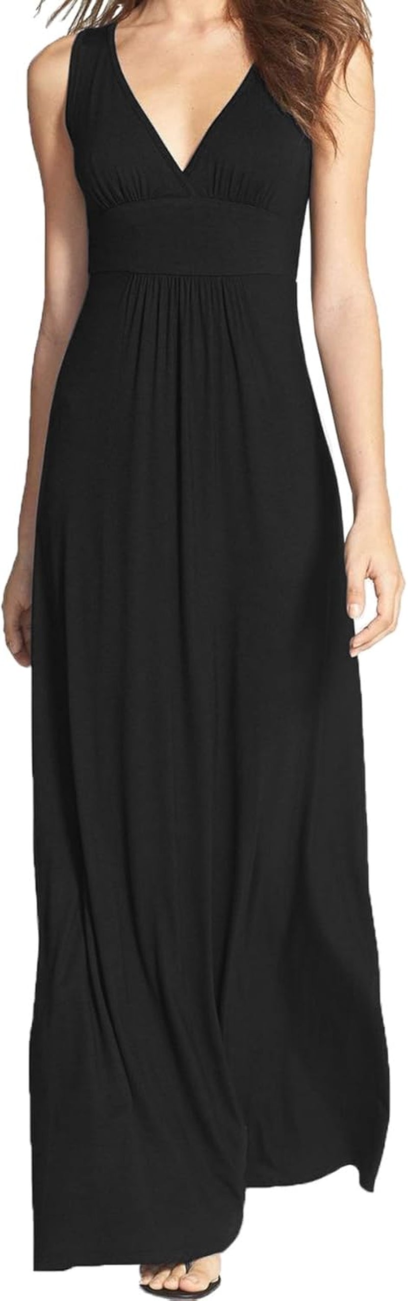 Women Sleeveless Deep V Neck Loose Plain Long Maxi Casual Dress