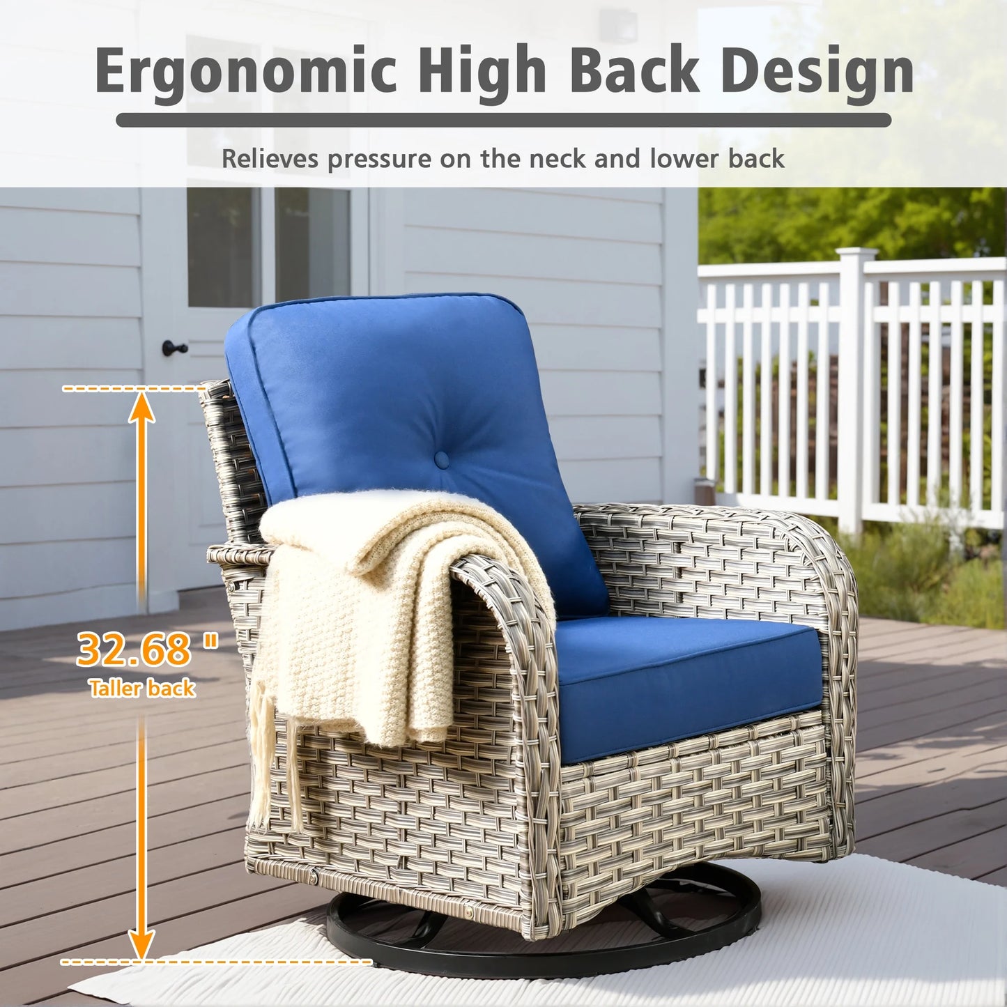 8 Pieces Patio Furniture Outdoor Conversation Set Rattan Wicker outside Sectional Sofa with Swivel Chairs & Solar Light Table, Navy Blue