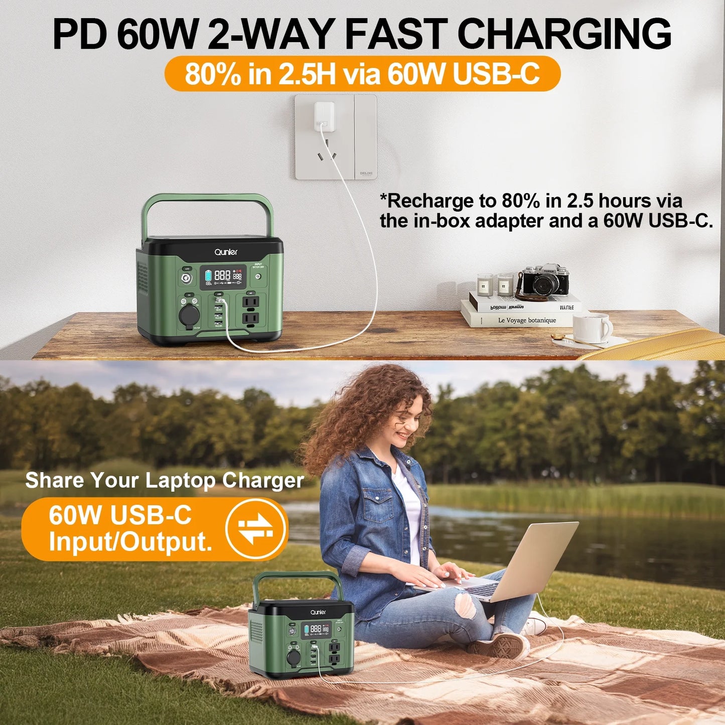 300W Portable Power Station 296Wh 80000Mah with 60W PD Input/Output Fast Charging, AC DC Outlets Outdoor Solar Generator for Camping, RV, Home Backup, Emergency Power, Green (No Solar Panel)