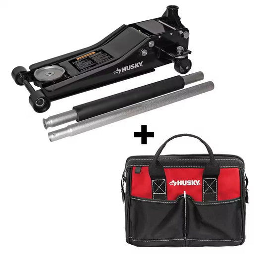 3-Ton Low Profile Floor Jack with Quick Lift with 12 In. 4 Pocket Zippered Tool Bag