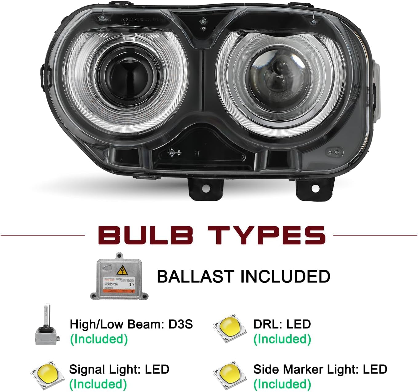 HID Type Headlight Assembly Fit for 15-22 Dodge Challenger LH+RH | Bulbs Are Included；Oem Reference Number: 68174067AF+68174066AF;