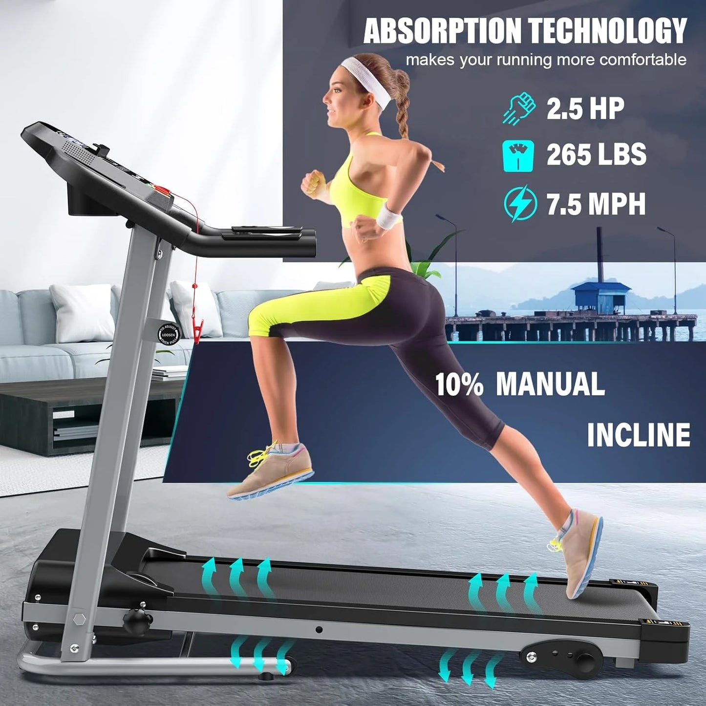 Foldable Treadmill with Incline , 2.5HP Electric Folding Treadmill Running Walking Machine for Home Gym, Max 265 LBS Weight Capacity