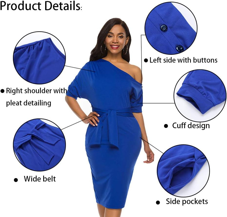 Elegant Womens Wear to Work Casual One Shoulder Belted Pencil Dress with Pockets