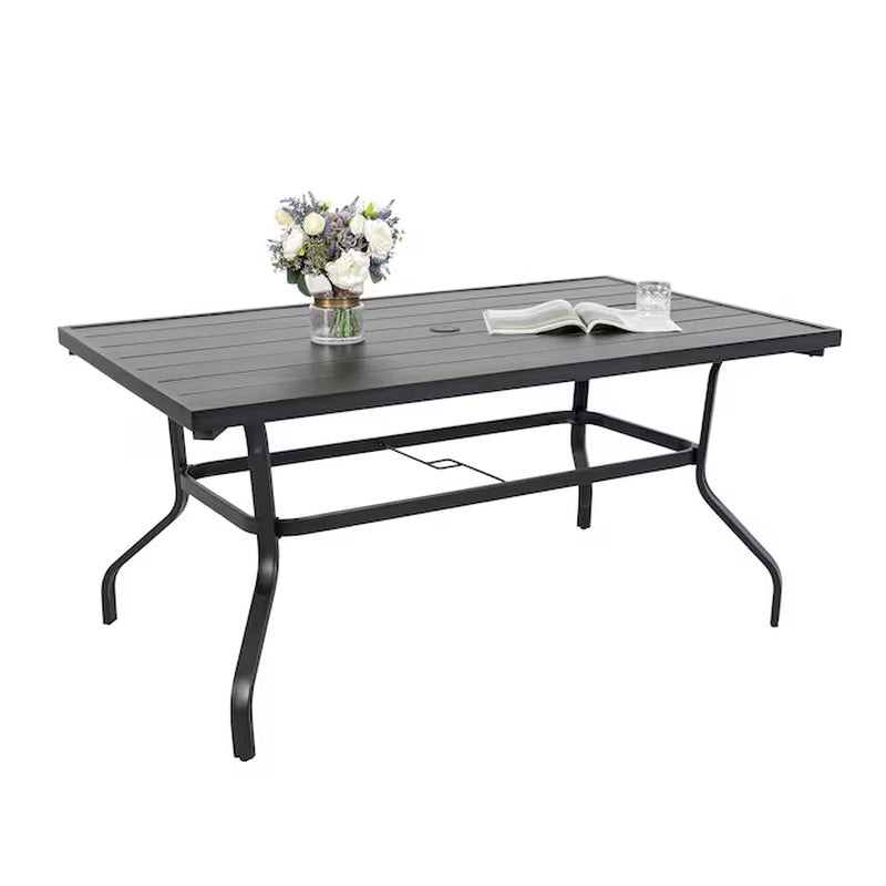 7 -Piece Black Patio Dining Set Iron Rectangle Table with 6 Brown Stationary and Motion Chairs