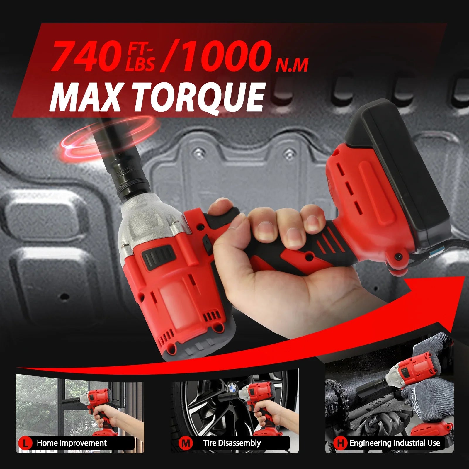 1000N.M Cordless Impact Wrench Brushless 20V 1/2 Inch Power Tool Sets High Torque 2X1500Mah Batteries for Car Truck Tires Home