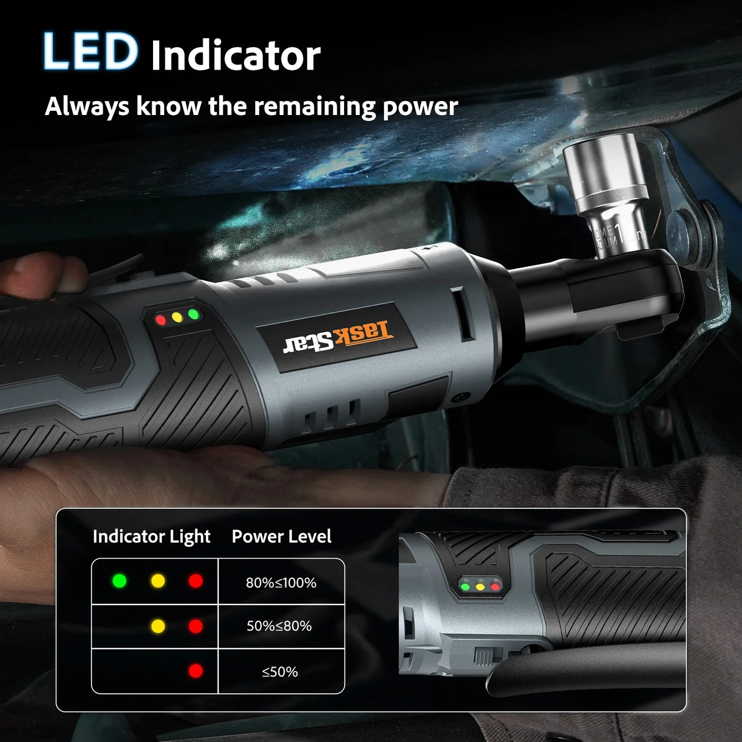 Taskstar Cordless Ratchet Wrench Kit 3/8-Inch Ratchet 40N.M(Max) Electric Power Angle Wrench with Variable Speed Trigger 0-200 RPM, Handheld Car Disassembly Tool with 2 Packs 2000Mah Lithium-Ion Battery&1 Charger&7 Sockets