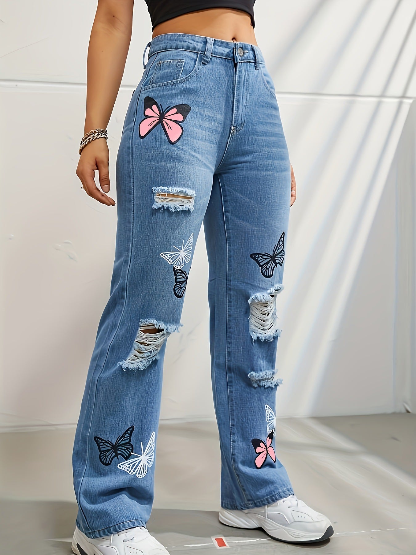 High Waisted Straight Leg Jeans for Women Trendy Butterfly Print Ripped Distressed Denim Pants