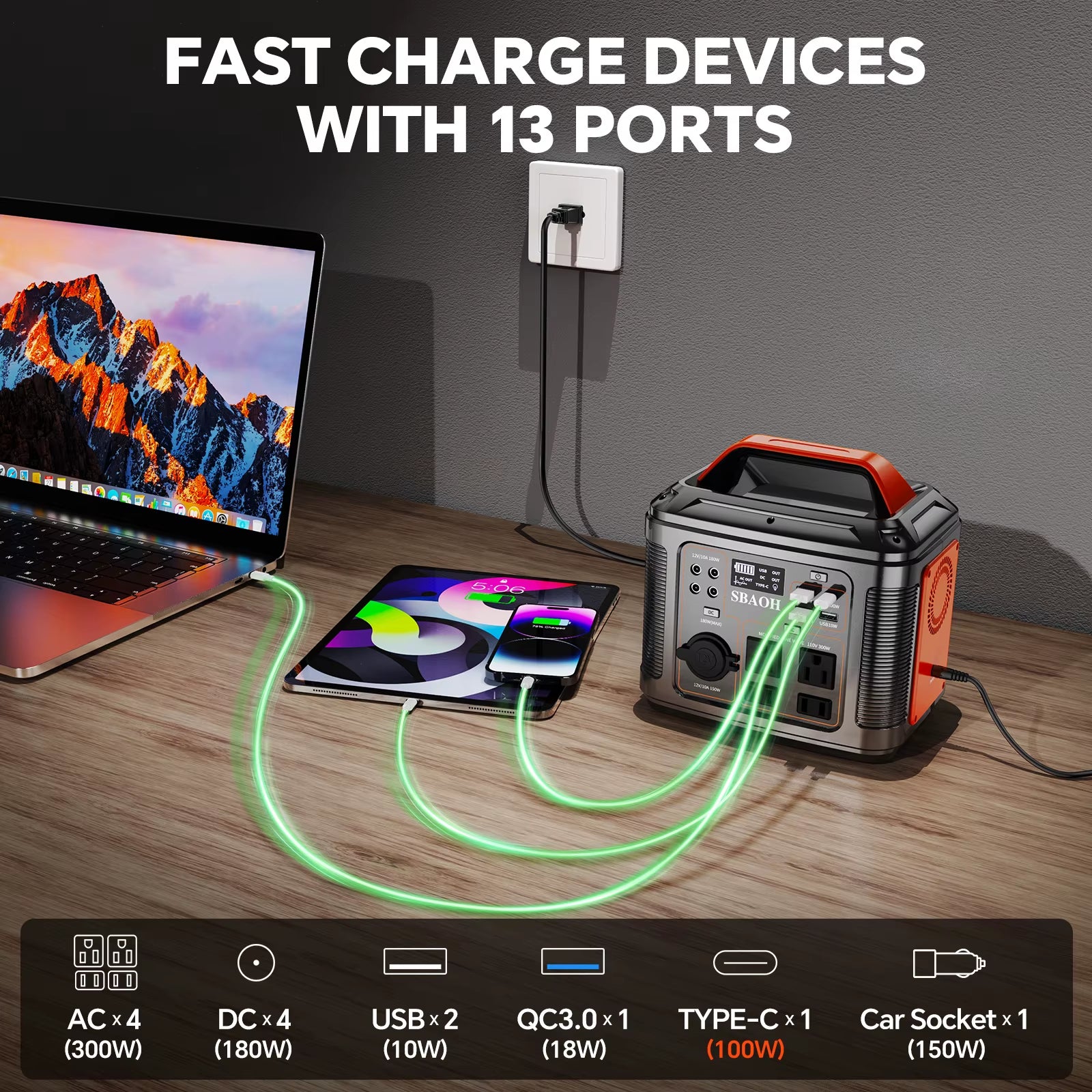 300W Portable Power Station, 296Wh 80000Mah Camping Solar Generator, Emergency Lithium Battery Outages,Black(With Solar Panel)