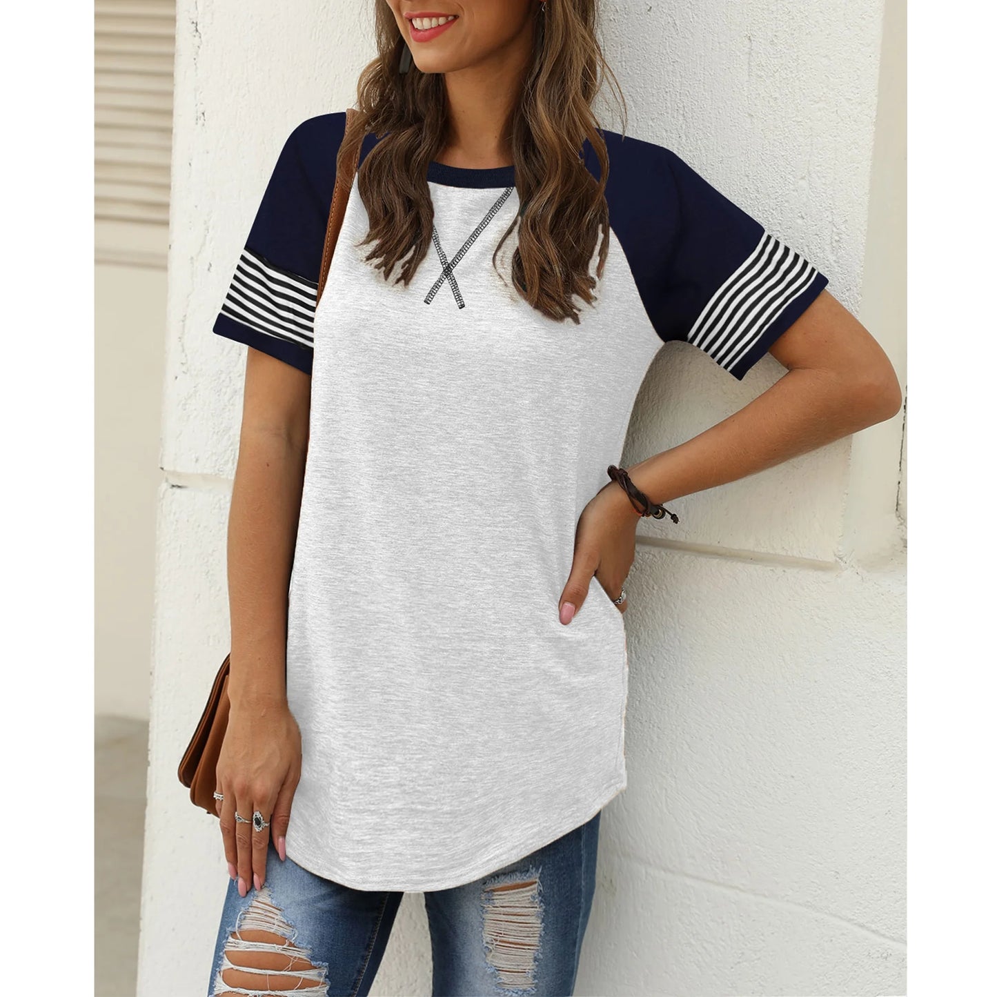 Summer Short Sleeve Tops for Women Color Block Casual Tunic Crew Neck Cute Striped T Shirts White Tees