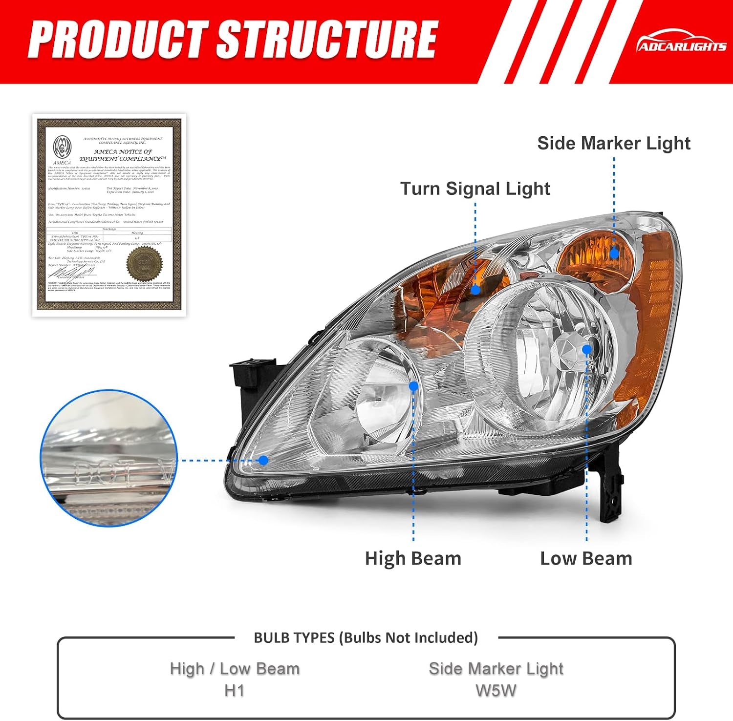 Headlight Compatible with 2005 2006 Honda CRV Headlamp Chrome Housing Amber Reflector Replacement Pair（W/O Bulbs）