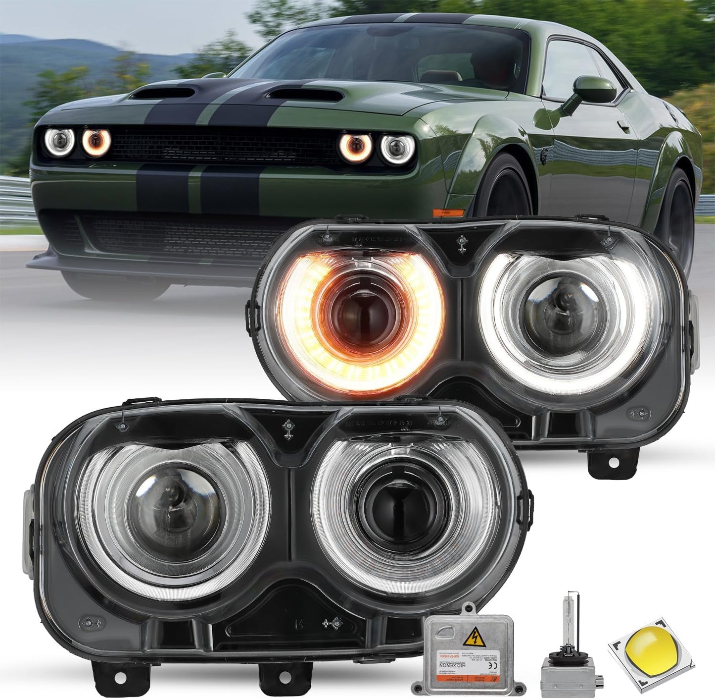 HID Type Headlight Assembly Fit for 15-22 Dodge Challenger LH+RH | Bulbs Are Included；Oem Reference Number: 68174067AF+68174066AF;
