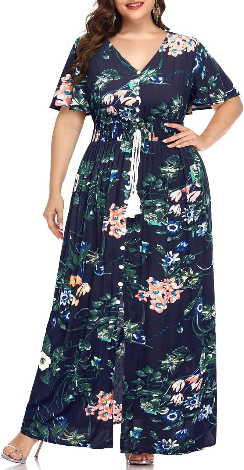 Women'S plus Size Floral Print Button up Short Sleeve Split Flowy Beach Party Maxi Dress
