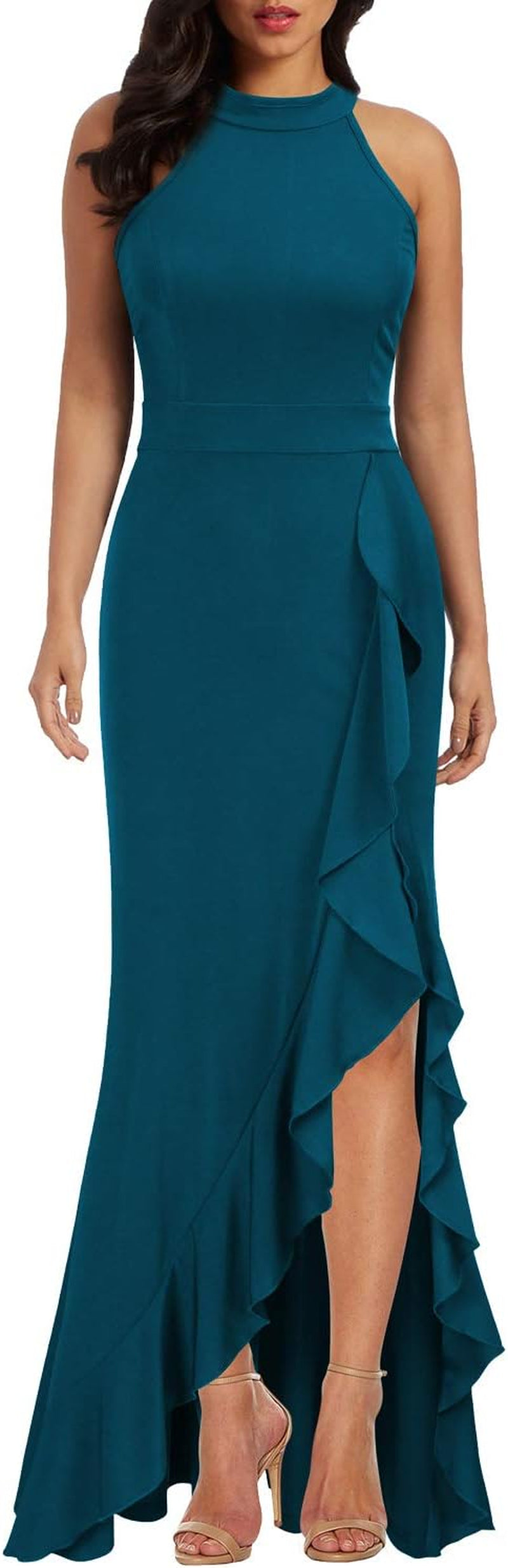 Women'S High Neck Split Bodycon Mermaid Evening Cocktail Long Dress