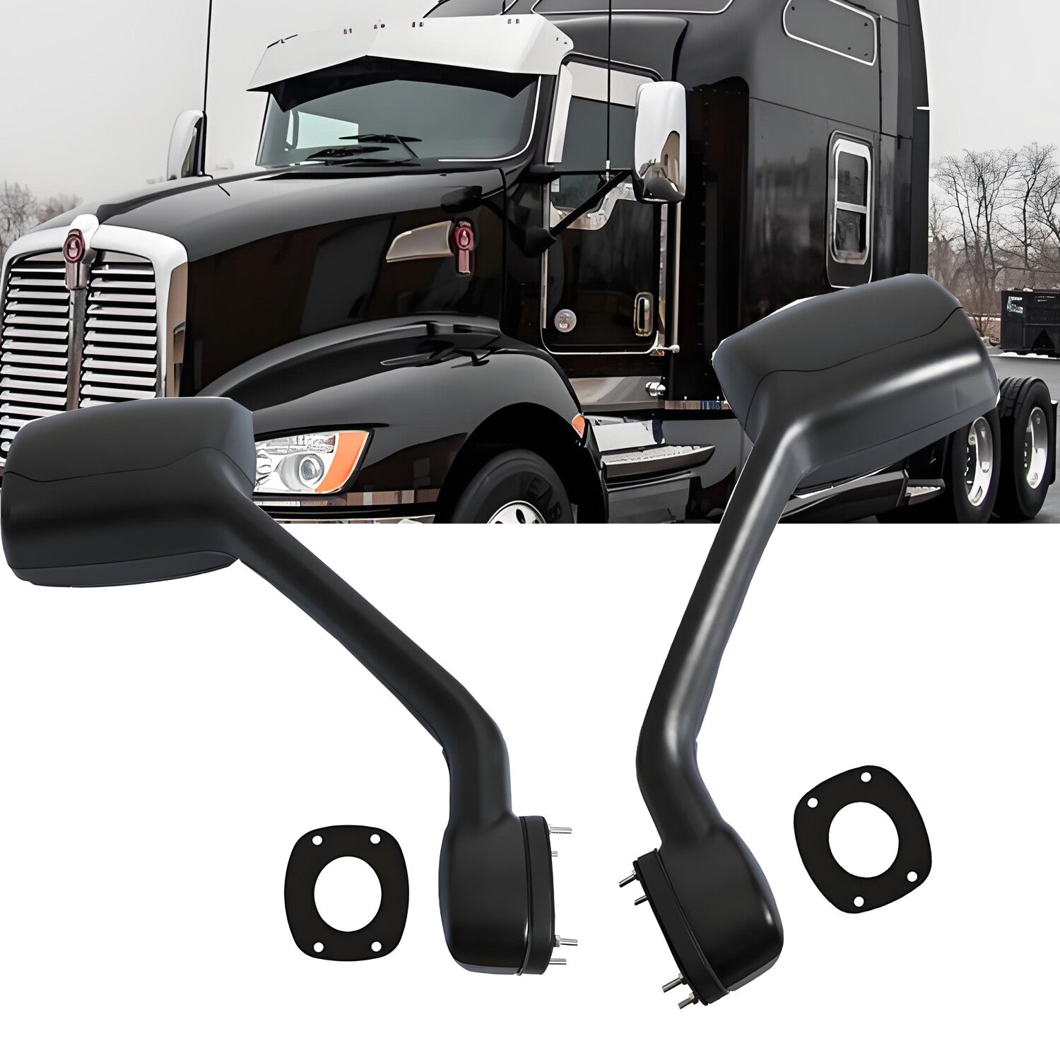 Pair Black Hood Mirrors W/Mounting Kits for Kenworth T680 Left and Right Side