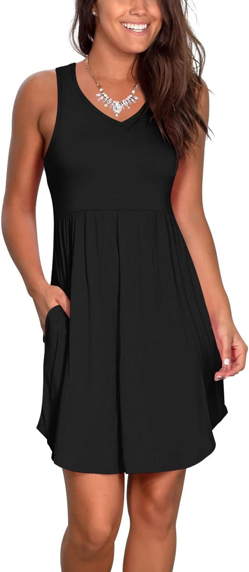 Casual Summer T Shirt Dress for Women V Neck Swing Elastic Tunic Short Sundress with Pockets