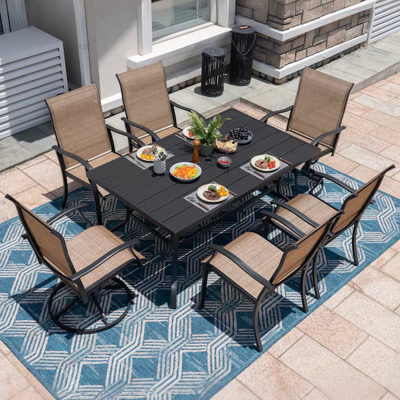 7 -Piece Black Patio Dining Set Iron Rectangle Table with 6 Brown Stationary and Motion Chairs