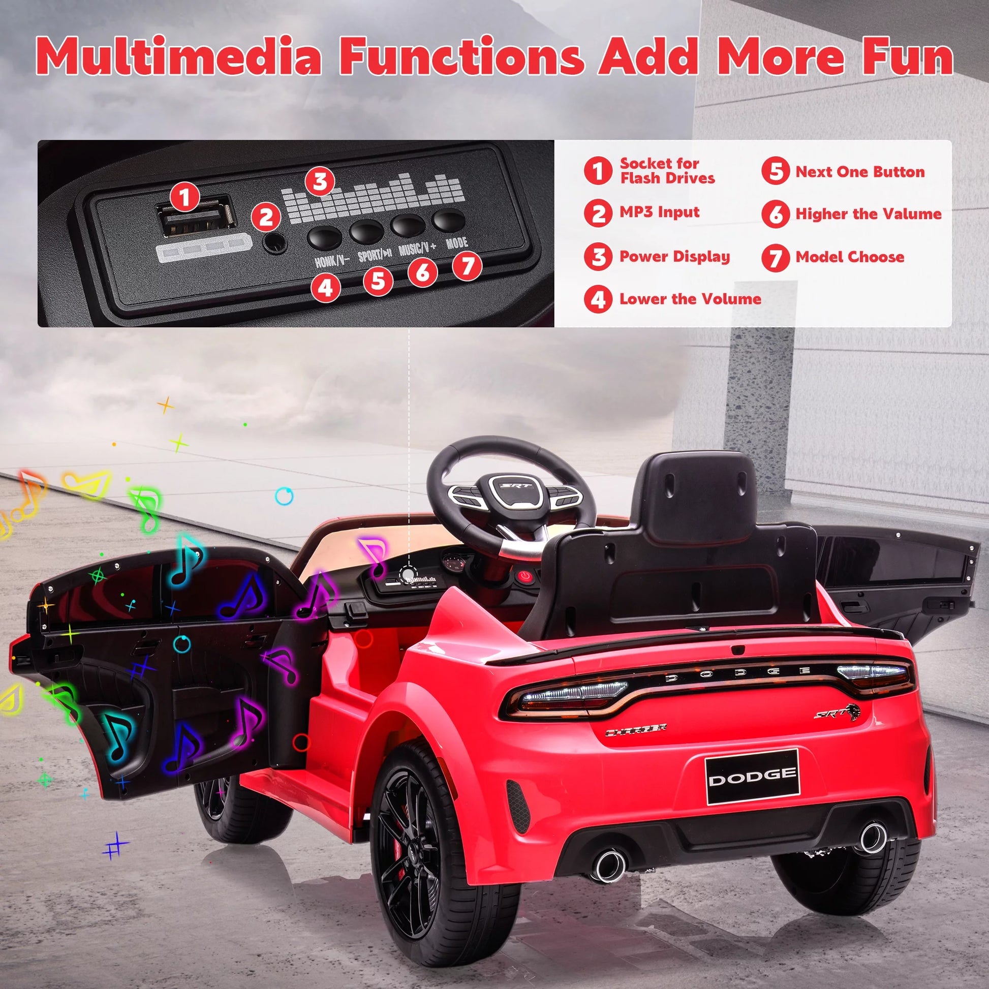 Dodge Electric Ride on Cars for Kids, 12V Licensed Dodge Charger SRT Powered Ride on Toys Cars with Parent Remote Control, Electric Car for Girls 3-5 W/Music Player/Led Headlights/Safety Belt, Red