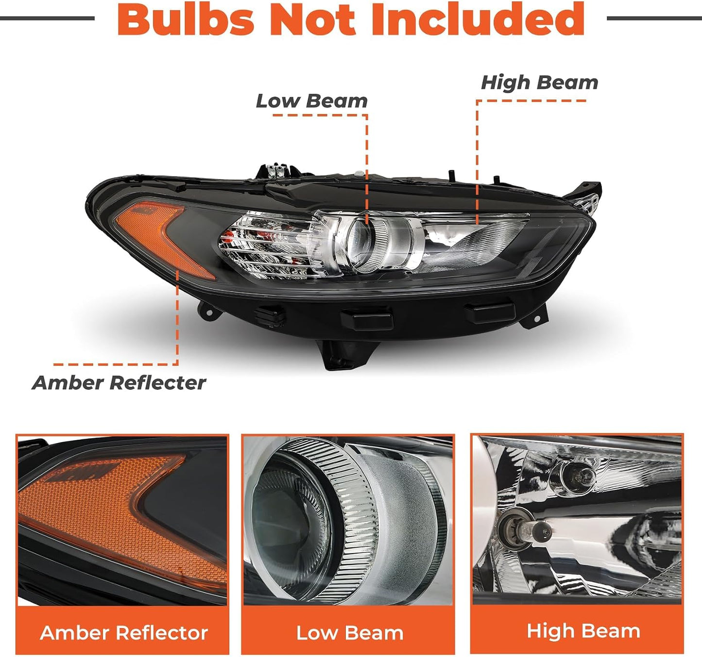 Headlights Assembly Replacement for Fusion 2013 2014 2015 2016 4Door Sedan Halogen Models Front Lights Headlamps Projector Black Headlights Driver and Passenger Side