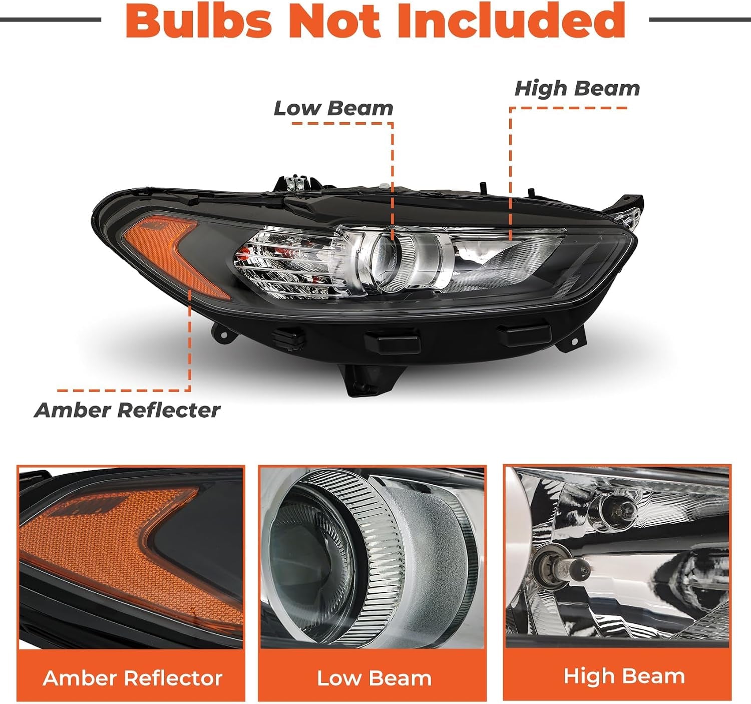 Headlights Assembly Replacement for Fusion 2013 2014 2015 2016 4Door Sedan Halogen Models Front Lights Headlamps Projector Black Headlights Driver and Passenger Side