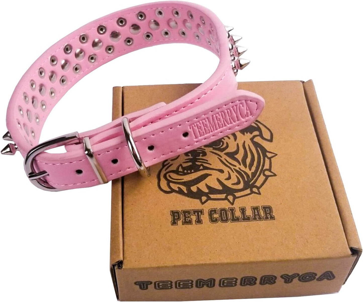 Adjustable Leather Spiked Studded Dog Collars with a Squeak Ball Gift for Small Medium Large Pets like Cats/Pit Bull/Bulldog/Pugs/Husky, Pink, L(15"-18.5")