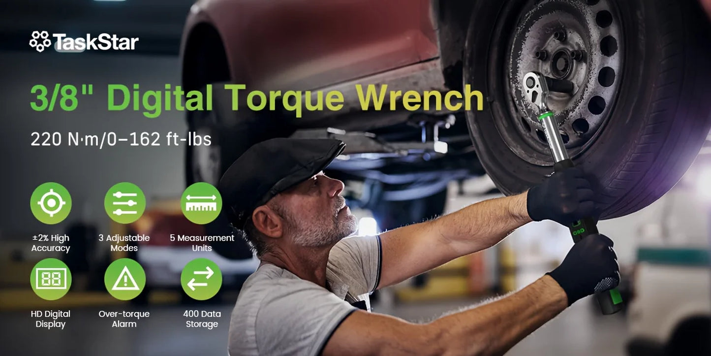 Taskstar 3/8-Inch Digital Torque Wrench with 1/4"&1/2" Adapter, Bidirectional Ratchet Head, ±2% Accuracy Electronic Torque Wrench(0-162Ft-Lbs/0-220N.M), Handheld Wrench Kit for Bicycle/Car/Motorcycle Care, 5 Units of Measure
