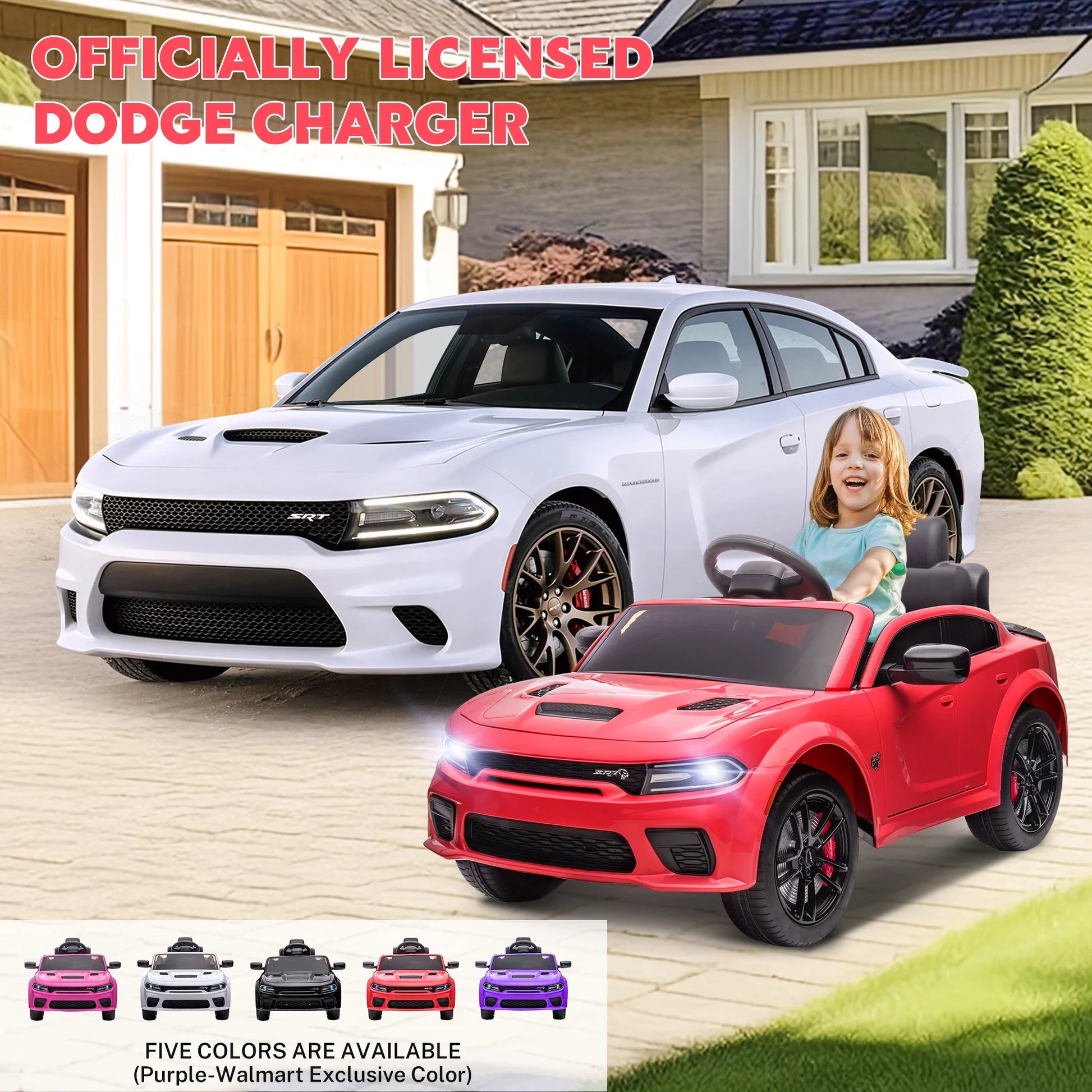 Dodge Electric Ride on Cars for Kids, 12V Licensed Dodge Charger SRT Powered Ride on Toys Cars with Parent Remote Control, Electric Car for Girls 3-5 W/Music Player/Led Headlights/Safety Belt, Red