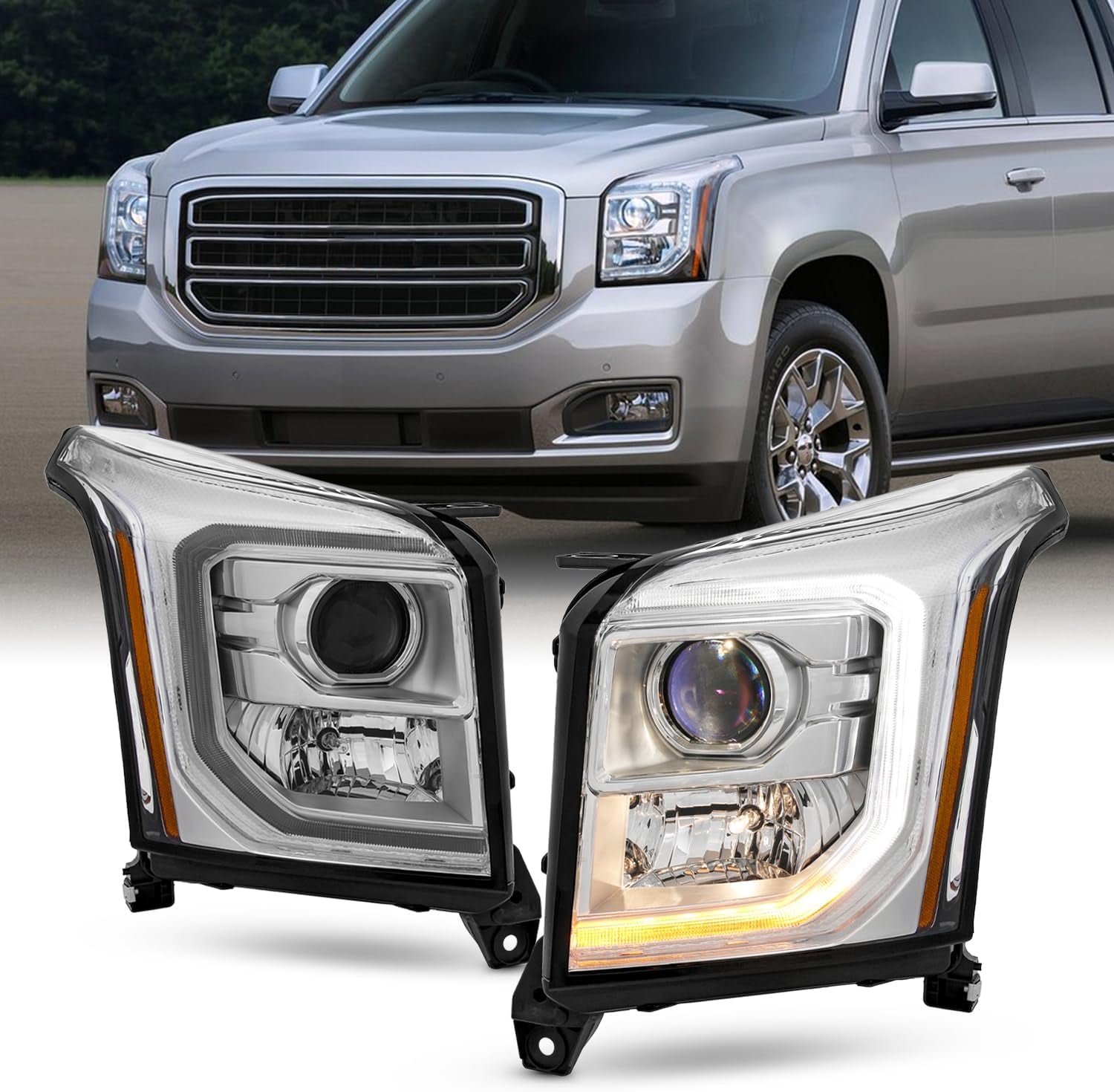 - for 2015-2020 GMC Yukon XL SLT/SLE Projector Headlights | Halogen Type W/Led Tube Turn Signal Headlamp OE Style Chrome Housing Driver and Passenger Side